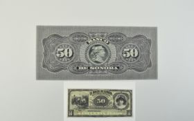 El Banco Sonora 50 Pesos Bank Note, Serial Num 25442, Series DR, Uncirculated - Mint. Rare Note In