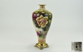 Royal Worcester - Tall Hand Painted and Signed Four Footed Vase ' Roses ' Stillife. Signed M. E.