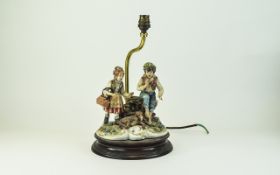 Capodimonte - Signed Figural Table Lamp, Young Boy and Girl With Dog. Signed Meneghetti.