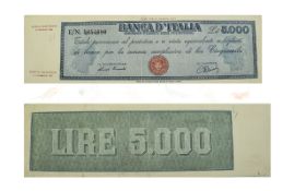 Banca D'Italia 5000 Lire Banknote - Date 14 August 1947 - 1948. Num E/N 5,654.680. Rare Note -