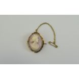 A Vintage - Nice Quality 9ct Gold Set Oval Shaped Cameo, with Attached 9ct Gold Safety Chain.