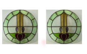 Two Circular Coloured Leaded Glass Panels Art Nouveau design.