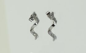 9ct White Gold Diamond Drop Earrings Ribbon Design Set With Round Cut Diamonds