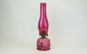 19th Century Cranberry Glass Oil Lamp, Single Wick with Carrying Handle.