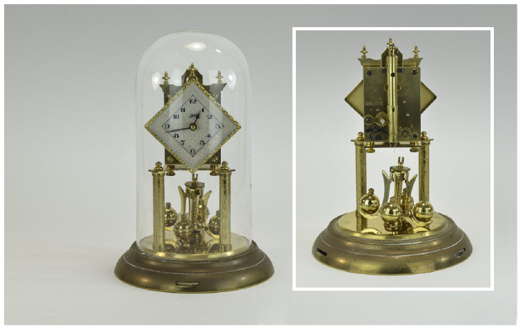 Schatz 400 Day Anniversary Clock with Glass Dome and Ornate Decorated Cream Painted Dial. Stands