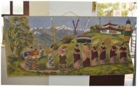 Large Tibetan Woolen Wall Hanging/Tapestry, Depicting Monks & Mountainous Setting.