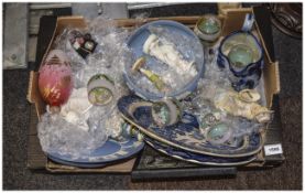 Box of Assorted Ceramics including Wedgwood, Glass Ware with etched decoration,