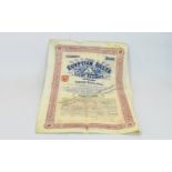 Large Debenture Certificate. Approximately 21'' x 14'' for Egyptian delta light railways with a