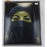 Framed Picture On Felt, Depicting A Middle Eastern Veiled Lady. 19 x 16 Inches