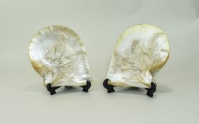 A Pair of Antique Mother of Pearl Carved Birds Plaques, Raised on Wooden Stands. Plaque Sizes 6.