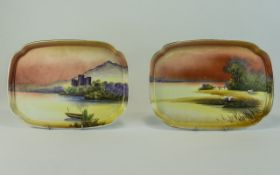 Noritake Pair of Hand Painted Decorative Trays, One Decorated with a Castle Overlooking a River, The