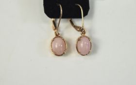 Pink Opal Drop Earrings, oval cut cabochons of pink opal, mined in Peru, set as solitaire drops from