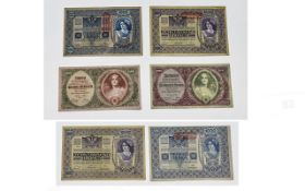 Austrian / Hungarian Six High Grade Bank Notes. 1/ 50,000 Kronen, Serial Num 011256, Date 1922.