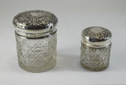 Victorian Matched Pair of Embossed Silver Topped Cut Glass Trinket Jars for a Ladies Dressing Table.