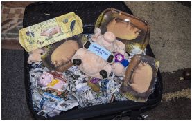 Suitcase containing a collection of Piggin Figures and associated items, soft toys, trays etc