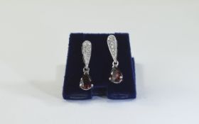 9 Carat White Gold Diamond Drop Earrings set with diamond chips and garnet marquise drops.