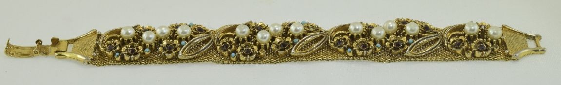 Florenza Gilt Metal Mesh Bracelet Set With Pearl And Coloured Stones In A Floral Arrangement,