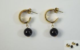 9ct Gold Hoop Earrings Set With Dark Bauble Stones, Appears unmarked,