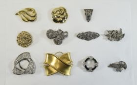 Small Collection of Early-Mid 20th Century Dress Clips and Brooches, marcasite, crystal etc.