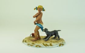 Capodimonte Comical Signed Figure ' Girl and Dog ' Figure. 6.5 Inches High,