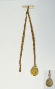 Edwardian - Fine Quality 9ct Gold Double Albert Chain with T-Bar and Attached 9ct Gold Medal.