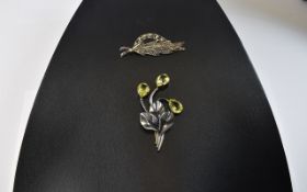 Silver Flower Brooch Set With 3 Pear Shaped Citrine, Marked Silver,