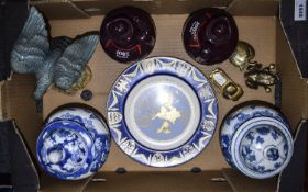 Box of Miscellaneous including two Oriental vases and covers, two Scotch whisky Advertising