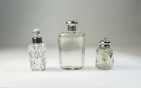 Early 20th Century Silver Topped Glass Perfume Bottles ( 2 ) + a Silver Topped Glass Salt Pot.