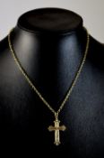 Antique and Ornate 9ct Gold Cross and Attached 9ct Gold Belcher Chain, Hallmarked,