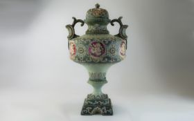 German 19th Century Ceramic Impressive Hand Decorated Twin Handle Large Lidded Vase,