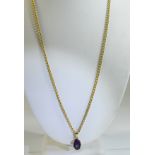 Ladies 9ct Gold Set Amethyst Drop Pendant with Attached 9ct Gold Chain. The Amethyst of Good Colour.