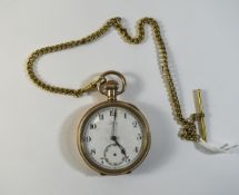 Trojan 18ct Gold Plated Open Faced Pocket Watch with Attached Gold Plated Albert Chain.