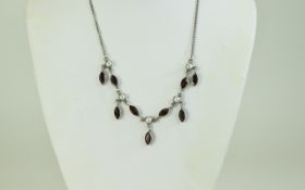 A Vintage Silver Necklace Set with Garnets and Pearls. Marked Silver 925. Length 17 Inches.