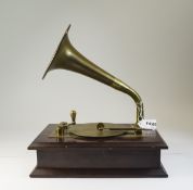 Modern Musical Box Brass Mounts In The Form Of A Gramophone Raised On A Wooden Base With Hinged Top,
