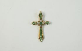9ct Gold Pendant Cross Set With 4 Round Cut Diamonds And 14 Round Cut Emeralds, Fully Hallmarked,