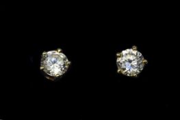 Ladies 9ct Gold Set Pair of Single Stone C.Z. Earrings. Est 75 pts Each Earring. Hallmarked.