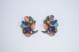 Attractive Pair of Silver Clip on Earrings Set with Multi colour Stones. c.1920's / 1930's.