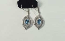 Swiss Blue Topaz Pair of Drop Earrings, two oval cut solitaires, each of 1.