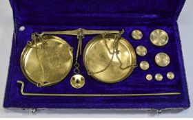 Small Set Of Brass Pan Scales With Weights, Complete In Velvet Lined Fitted Case