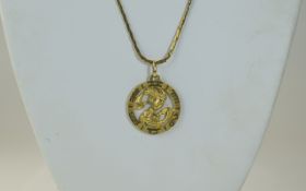 Horoscope - 9ct Gold Circular Pisces Pendant Attached to a 9ct Gold Fancy Necklace.
