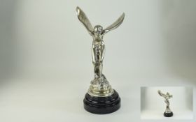 Rolls Royce - Silvered Replica Spirit of Ecstasy Car Mascot. Raised on a Turned Black Lacquered