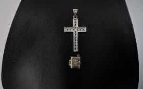 Large Silver Pendant Cross Set With Clear Faceted Stones,