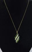 9ct Gold Diamond Set Pendant Of Lozenge Form Set Between 3 Rows Of Green Oval Faceted Stones