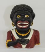 Antique - Hand Painted Heavy Mechanical Cast Iron Money Box, In The Form of a Jolly Black Lady.