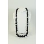 Whitby Jet Graduated Long Necklace with Pearl Coloured Spacers. A Nice Quality Antique Necklace.