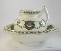 Wedgwood Large Wash Basin and Jug with Soap Dish Autumus design on white ground with green and