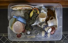 Box Of Assorted Ceramics And Glassware Including plates, figures, jugs and cups, trinkets etc.