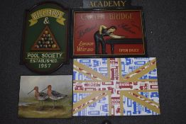 Decorative Carved Signs, including Billiards and Pool Society, established 1957,