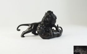 Japanese Fine Bronze Naturalistic Sculpture of a Lion and Tiger In Conflict.