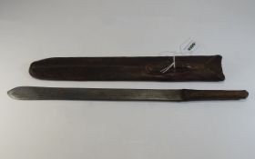 Early 20thC African Thin Machete With Leather Scabbard,
